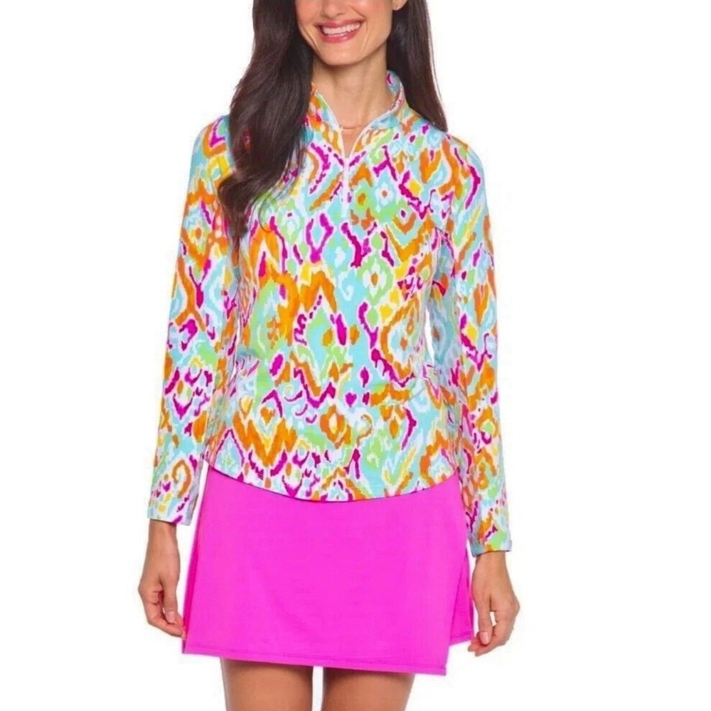IBKUL Mock Neck Sun Shirt XL Seafoam Ikat SPF 50+ Golf Tennis Long Sleeve Preppy
